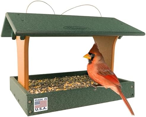 Covered platform bird feeder: Which five will transform your backyard? 4 DutchCrafters Plastic Poly Covered Roof Hanging Fly Through Bird Feeder Open Side Platform Seed Tray for Outside Outdoor Garden - Amish American Made in USA (Turf Green & Cedar)