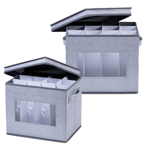 VENO Pack de 2 Cajas con Tapa y Asas, para Copas de Champán, Cajas de Mudanza para Copas, Contenedor Organizador para Vajilla, Soporte para Cristalería (flauta de champán, pack de 2)