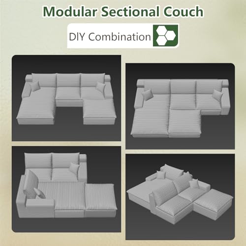 Image of 107 inch Cloud Couch Modular Sectional Sofa for Living Room, U-Shape Boneless Couch with Deep Seat, Modern Corduroy 3-Seater with Ottoman, No Assembly Required (Green,Left-Facing Chaise)
