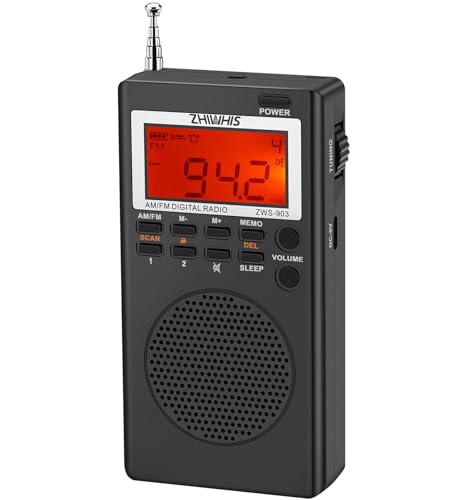 ZHIWHIS Portable Radio, AM FM Stereo Receiver, DSP Small Pocket Radios Operated by AA Batteries, Digital Clock/Presets/Start Timer/Sleep Timer for Walking/Running ZWS-903