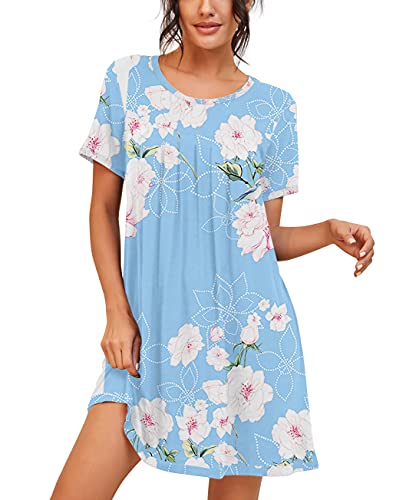 PrinStory Womens Sleepwear Short Sleeve Nightgown Soft Sleepshirt Pleated Nightshirt Scoopneck Casual Loungewear