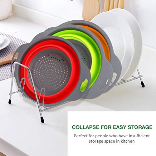 Collapsible Colander Set of 3 - Silicone Kitchen Strainers with Plastic Handles - 4 Quart & 2 Quart Sink Colander for Draining Pasta, Vegetables, Fruits (Green, Orange, Red) - Image 6