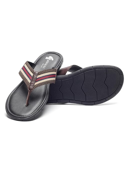 GABICCI Mens Thong Slipper, Slip On Entry, (Size 40-45), Top Grain Leather, Casual Lounging Slipper, TPR Sole, Flat Heel, Sandy Trim Toe Post