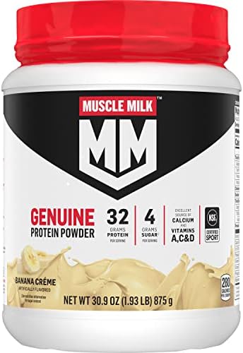 Muscle Milk Genuine Protein Powder, Banana Crème, 1.93 Pounds, 13 Servings, 32g Protein, 4g Sugar, Calcium, Vitamins A, C & D, NSF Certified for Sport, Energizing Snack, Packaging May Vary