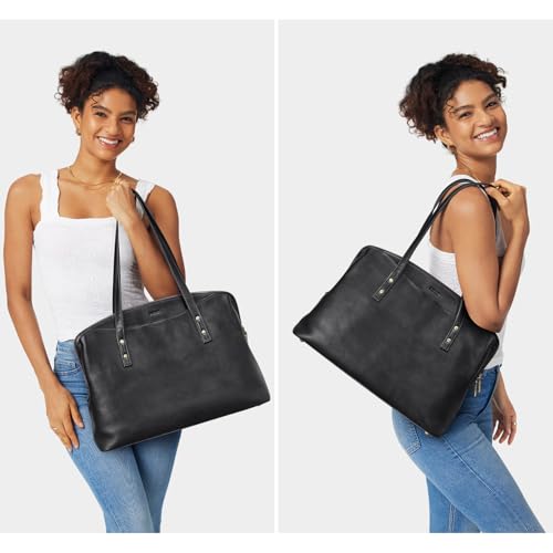 Image of S-ZONE Leather Tote Bag for Women Large Capacity Shoulder Handbags Purses | Full Grain Leather, Large Capacity, Fits 15.6-Inch Laptop, Work or Commute, Bottom Metal Feet