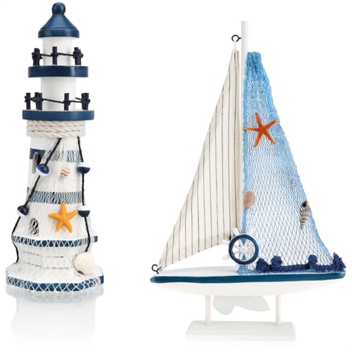 com-four® Set di Decorazioni marittime da 2 Pezzi - Veliero Decorativo in Legno e Faro per un'atmosfera Marittima nella Tua casa (02 Pezzi - Veliero + Faro Blu)