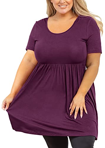 AusLook Women's Plus Size Tunic Short Sleeve Clothes Scoop Neck Summer Tops Pleated Flowy Loose Fit Babydoll T Shirt L-5X