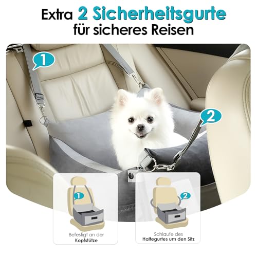 Hundesitz Auto für Kleine & Mittlere Hunde Unter 15KG, Tragbares Hundekorb mit Ausziehbarer Ruhebereich, Abnehmbarer und Waschbarer Auto Reise Hundebett mit Staufächern und Sicherheitsgurt