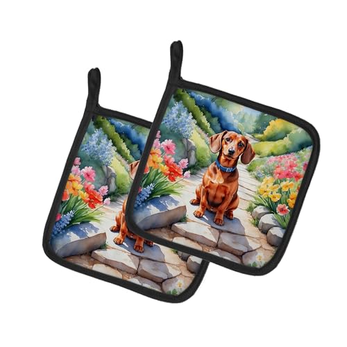 Caroline's Treasures Dachshund Spring Path Pair of Pot Holders Kitchen Heat Resistant Pot Holders Sets Oven Hot Pads for Cooking Baking BBQ, 7 1/2 x 7 1/2