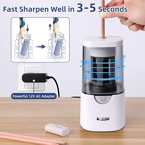 Electric Pencil Sharpener, Auto Stop Pencil Sharpener For Colored Pencils, Sharp & Fast, For 6-12Mm Pencils, Pencil Sharpener Electric Plug In, Strong Helical Blade, Ideal For Home, Classroom (White) #TOP2