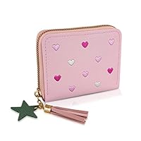 WisePoint Womens Wallet with Zipper, PU Leather Women's Wallet with Card Slots, Credit Card Holder Small Wallet with Heart-embroidery Cute Wallet with Star Tassels Pendant