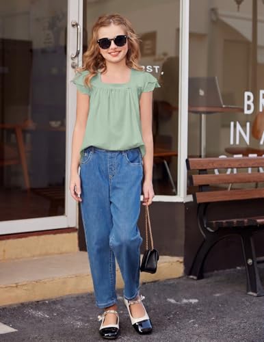 Image of Arshiner Girls Shirts Short Sleeve Square Neck Summer Lace Openwork Pleated Tops Blouse Tunic
