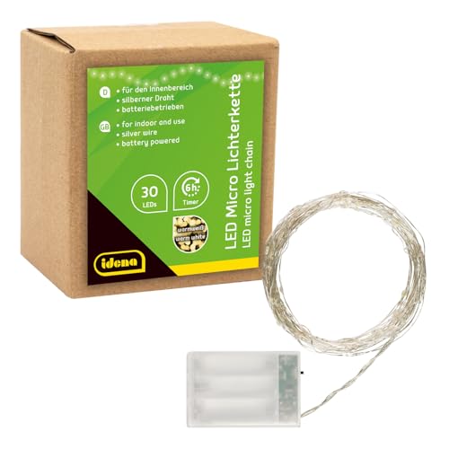 Idena 31824 - Microcadena de luces LED con 30 LED en blanco cálido, con función de temporizador de 6 horas, funciona con pilas, para fiestas, navidad, decoración, bodas, como luz de ambiente