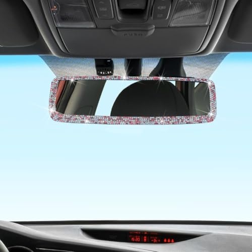 Image of Osilly Bling Car Rearview Mirror, Decorations Rear View Mirror with Crystal Rhinestones & Diamonds, Car Interior Trim Accessories, Clip-on & HD Glass, Sparkly Gift (AB Color+Pink)