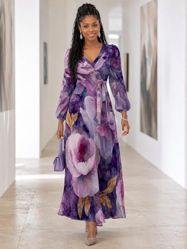 Image of PinkPatty Plus Size Dresses for Curvy Women V Neck Flowy Long Sleeves Wrap Maxi Dress Travel Vacation Outfits