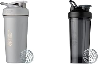BlenderBottle Strada Shaker Cup Insulated Stainless Steel Water Bottle with Wire Whisk, 24-Ounce, Grey & BlenderBottle Pro Series Shaker Bottle, 28-Ounce, Black