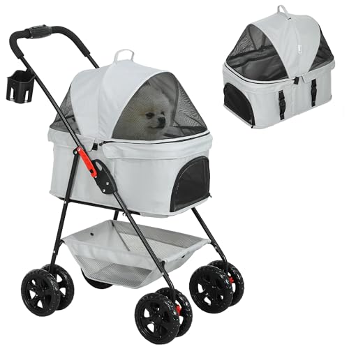 PawHut Hundewagen 3 in 1 Hundebuggy klappbar für Hunde & Katzen bis 4 kg Katzenbuggy mit Kissen Netzfenstern Getränkehalter Aufbewahrungskorb Katzenwagen Buggy Hellgrau