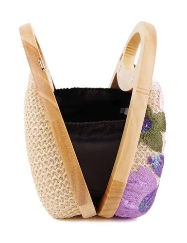 Image of Women Straw Sequin Embroidered Flower Evening Handbag Clutch Purse Wooden Handle for Beach Holiday Party, Purple(random Pattern)