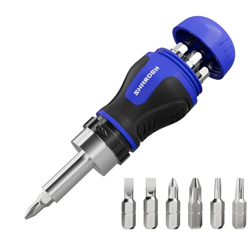 Image of SHARDEN 8 in 1 Stubby Ratcheting Screwdriver Multi Short Screw Driver Set with 6 CRV Bits Phillips, Slotted, Torx, Portable All-in-One Repair Tool Kit for Home DIY Tables, Doors, Chairs