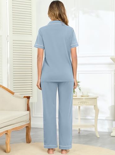 Image of Veseacky 100% Cotton Pajamas for Women Set Short Sleeve Button Down Sleepwear Soft 2 Piece Summer Pjs Lounge Sets S-XXL