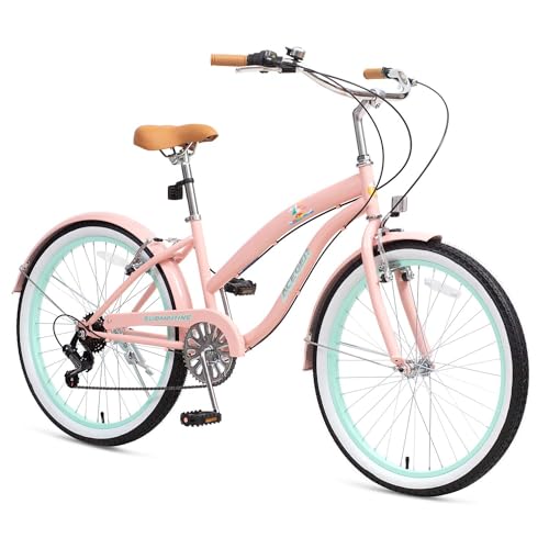 Image of ACEGER Girls Beach Cruiser Bike for Kids 5-13 Years Old, 16 inch 18 inch 20 inch 24 inch Single Speed Kids Bicycle Included Coaster Brake, Front and Rear Reflectors, 24 inch 7 Speeds with Dual Brakes