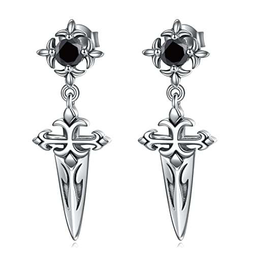 Yafeini Gothic Sword Earrings 925 Sterling Silver Retro Medieval Obsidian Sword Dagger Statement Jewelry Gifts For Men Women #TOP12