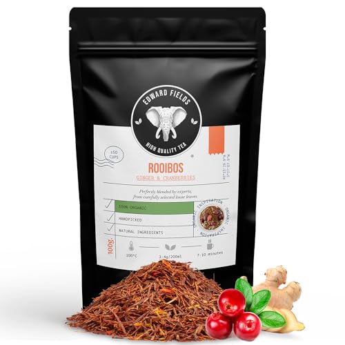 Edward Fields Tea ® - Rooibos orgánico a granel con Jengibre y Arándanos. Infusión bio sin teina recolectado a mano con ingredientes y aromas naturales y ecológicos, Sudáfrica. 100g / 50 tazas
