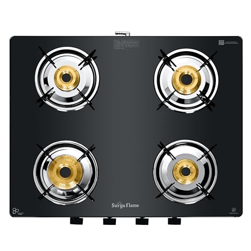 Image of Surya Flame Creta Series LPG 4 Burner Gas Stove | Brass Burners with Jumbo Option | Toughened Glass Top, Removable Drip Tray, Manual Ignition, 69%+ Efficiency, ISI Certified, 2-Year Warranty