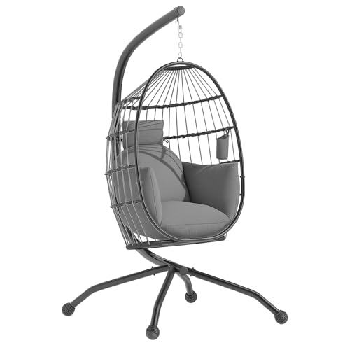 Outsunny Silla Colgante Huevo con Soporte Columpio Jardín Exterior con Cesta Plegable Cojín y Reposacabezas Portavaso Columpio Colgante para Interior y Exterior Carga 120 kg Gris