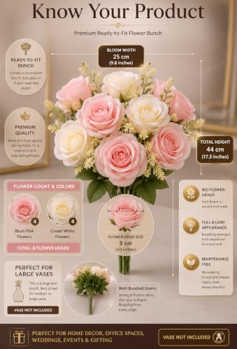 Image of Divyakosh Artificial Flowers Bunch (Vase Not Included). Artificial Flower for Vase, 8 Head Blush Pink & Cream Rose Arrangement, Luxury Floral Centerpiece for Living Room Dining Table Office Decor