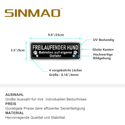 SINMAO Schild Freilaufender Hund Retro Schwarz 25x9cm Gebürstetes Aluminium, Schild Achtung Hund Betreten auf Eigene Gefahr 2 Stück