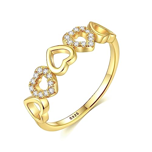 Bellitia Jewelry 18K Oro Banda Anillos Chapados Diseño Corazón para Mujeres Niñas Plata de Ley 925 Anillos Compromiso Promesa Diamante CZ