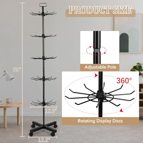 Image of 5-Tier Metal Spinning Display Stand Rack with Wheels, Black Iron, 50 Hooks, Lockable Wheels, Ideal for Jewelry, Accessories, Foods