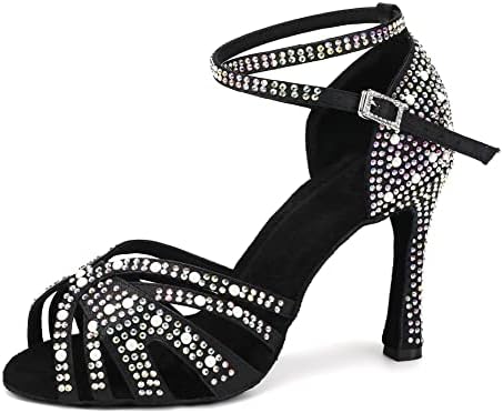 JUODVMP Women's Latin Salsa Dance Shoes Satin with Rhinestones Braided Ballroom Shoes Model L506, L506-black-4" Heel, 7