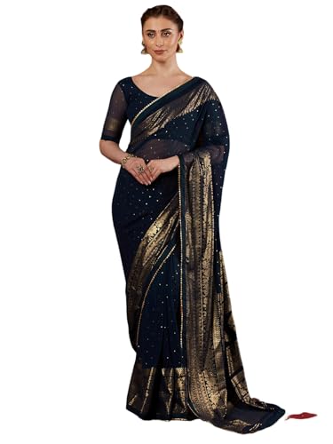 Image of SAMAH Women's Georgette Foil Printed Lace Work Saree with Unstitched Blouse Piece