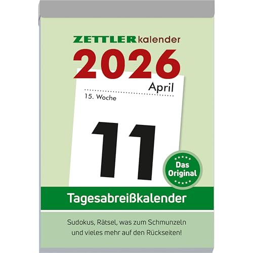 Tagesabreißkalender XXL 2026-9,9x14,3 cm - 1 Tag auf 1 Seite - mit Sudokus, Rezepten, Rätseln uvm. auf den Rückseiten - Bürokalender 313-0000