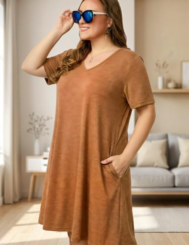 Image of OVERWORETY Womens Short Sleeve Plus Size T-Shirt Dress V Neck Casual Loose Swing A-Line Summer Tunic Dresses with Pockets