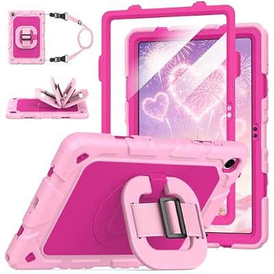 Grifobes for Samsung Galaxy Tab A11 Plus 2025 / A9 Plus 11 Inch 2023 Cases, Shockproof Heavy Duty Cover with Screen Protector, 360 Rotating Stand, Hand & Shoulder Strap for A11+ / A9+, Rose Pink