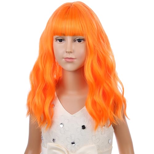 Image of PATTNIUM Kids Bright Orange Wig with Bangs Girls Short Curly Wavy Orange Bob Wigs Synthetic Wigs for Children Cosplay Costume Party