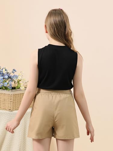 Image of GORLYA Girls 2 Piece Clothing Outfits Summer Casual Rib Knit Tank Tops and Paperbag Waist Belted Linen Short Sets 6-14Y