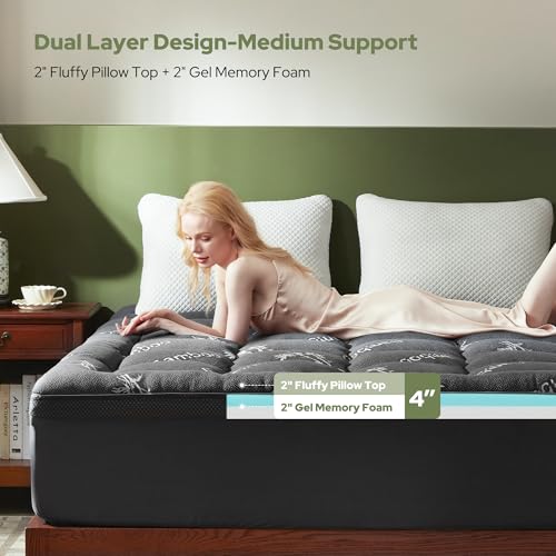 Image of BEDLORE 4 Inch Memory Foam Mattress Topper Full,2-in-1 Dual Layer Design (2 inch Gel Memory Foam + 2 inch Plush Pillow Top Cover) Mattress Topper Medium-Firm,Pressure Relief & Back Pain Support(Dark Gray)