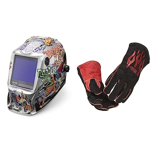 Image of Lincoln Electric Viking 3350 Hot Rodders™ Welding Helmet, Large & Traditional MIG/Stick Welding Gloves | 14" Lined Leather | Kevlar Stitching | K2979-ALL, Black, Red
