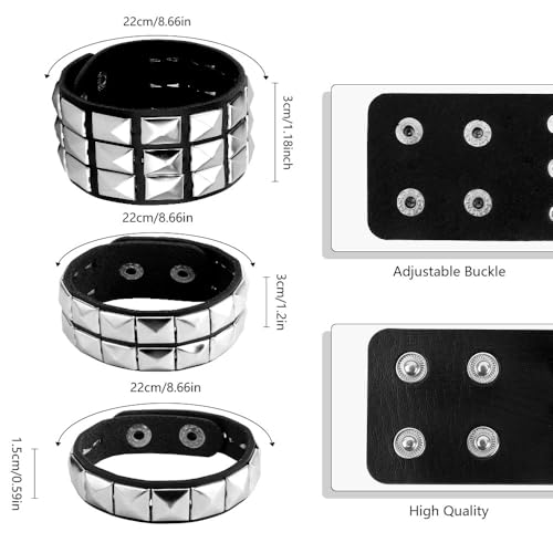 Studded Leather Bracelet for Men & Women - Punk, Gothic & Grunge Accessories - 3 Packs3