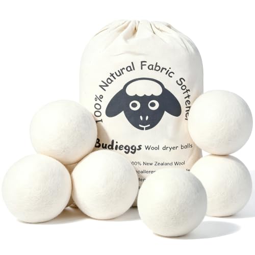 Budieggs Wool Dryer Balls XL 6-Pack | 100% New Zealand Wool | Chemical-Free Natural Fabric Softener...