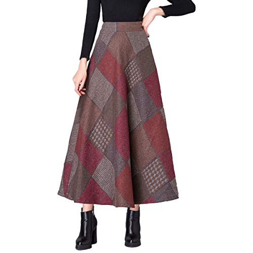 Nantersan Women's Flare Long Plaid Skirt Autumn Winter Warm High Elastic Waist Maxi Skirt A-line Plaid Skirts