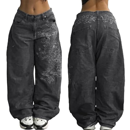 Baggy Jeans for Women Y2k Hip Hop Goth Street Wide Leg Jeans with Skeleton Print Loose Vintage High Waist Pants Street Wear Daily Oversized Boyfriend Punk Pants Grunge Skateboard Stretchy Denim Jeans