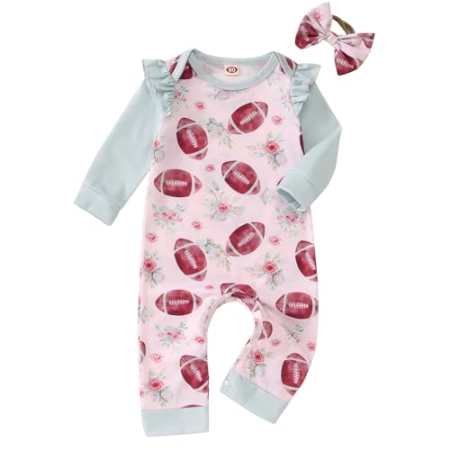 GLIGITTR Baby Girls Football Outfits Set Infant Game Day Floral Bodysuit Football Fans Lover Onesie Romper Jumpsuits+Headband
