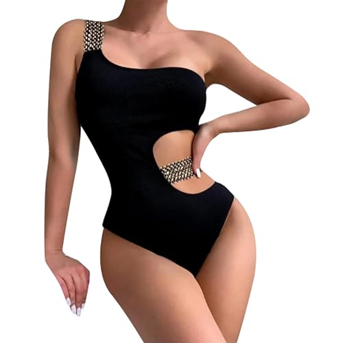 Genérico Verango BañAdor Mujer Ropa De BañO Traje de baño de Color Liso para Mujer con Cintura Alta y un Hombro Sexy Hueco Verango BañAdor Mujer Ropa De BañO Bikini Menstrual Mujer BañO (Black, S)