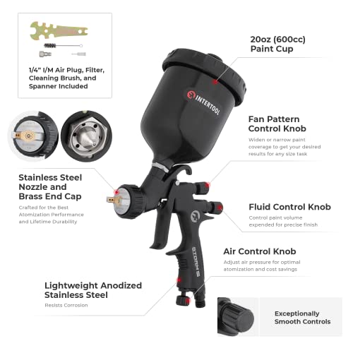 Intertool Hvlp 1.3 Mm, 1.4 Mm, And 1.8 Mm Air Spray Gun Set, Automotive, Pneumatic Gravity Feed Paint Sprayer, 600 Cc Plastic Cup, High Performance Black M-Diamond Series Pt08-0163-64-68 #TOP2