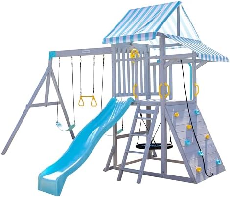 Teamson Kids Laguna Outdoor Wooden Swing Set, Gray & Aqua